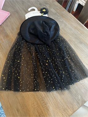 Sweet Wink Black & Gold Star Witch Cape with  with star wand and Matching Hat